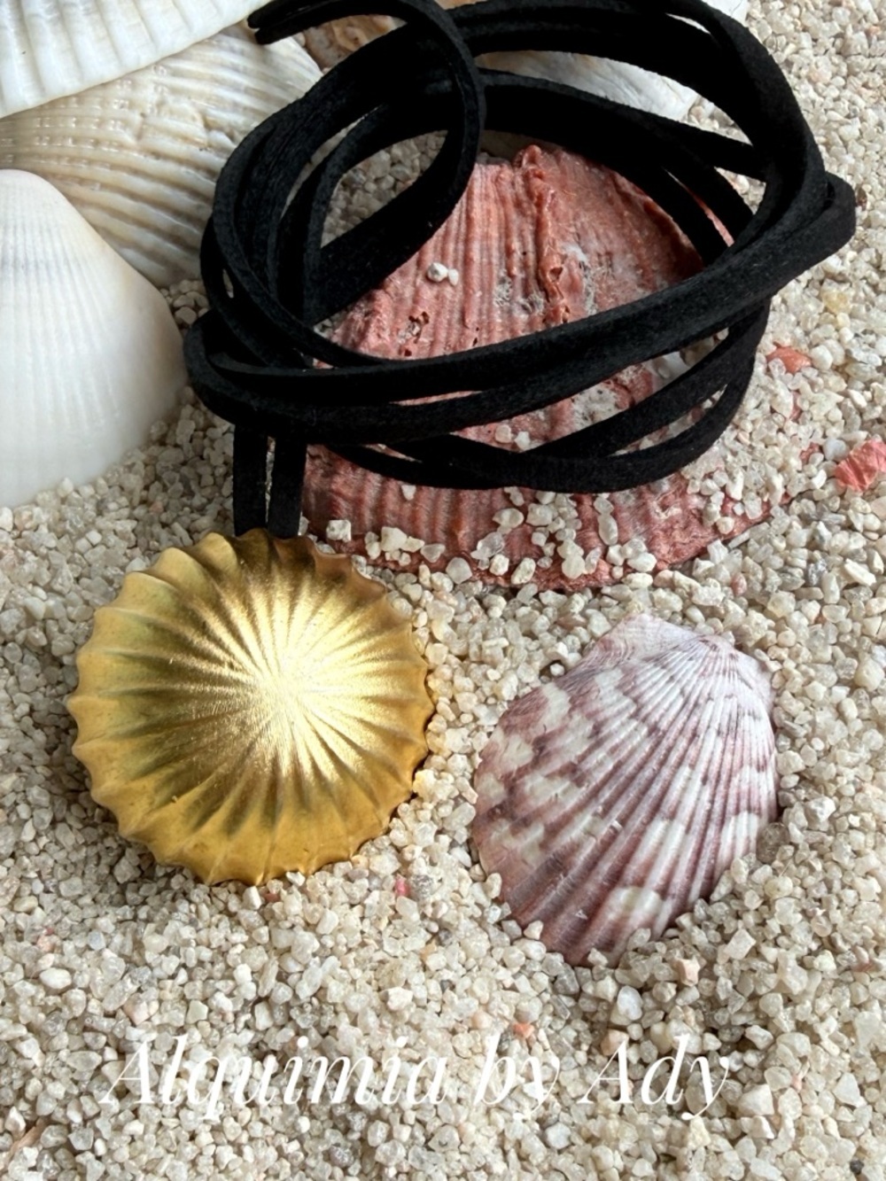 Big Gold Shell Pendant on Black Cord